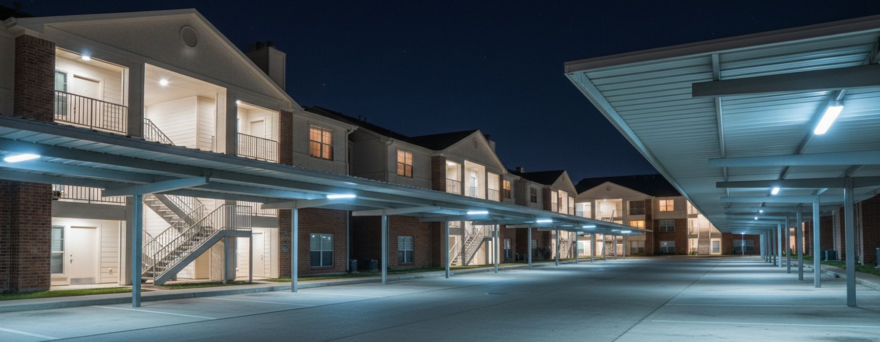 Apartment community at night: two and three-story brick buildings with exterior stairways and long carport canopies lit along an empty internal drive.
