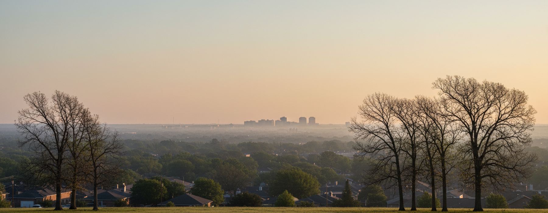 View at sunrise from a grassy rise over the rooftops of a suburb, bare trees in front and a low group of downtown towers in the haze on the horizon.