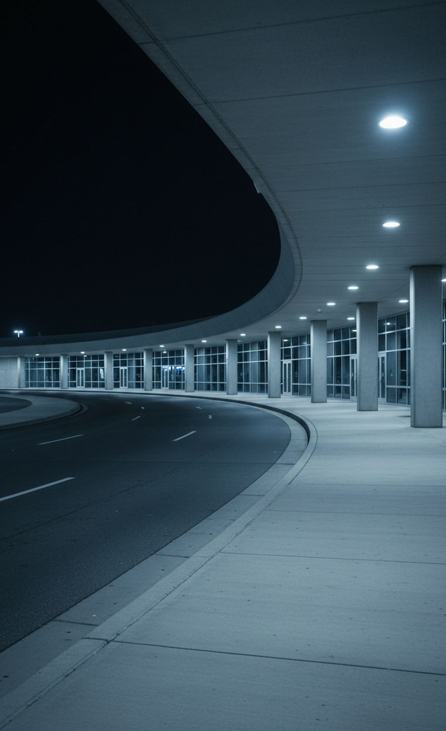 Curved concrete canopy over the lower curb of an airport terminal at night, an empty sidewalk along the glass front and painted lines on the roadway.