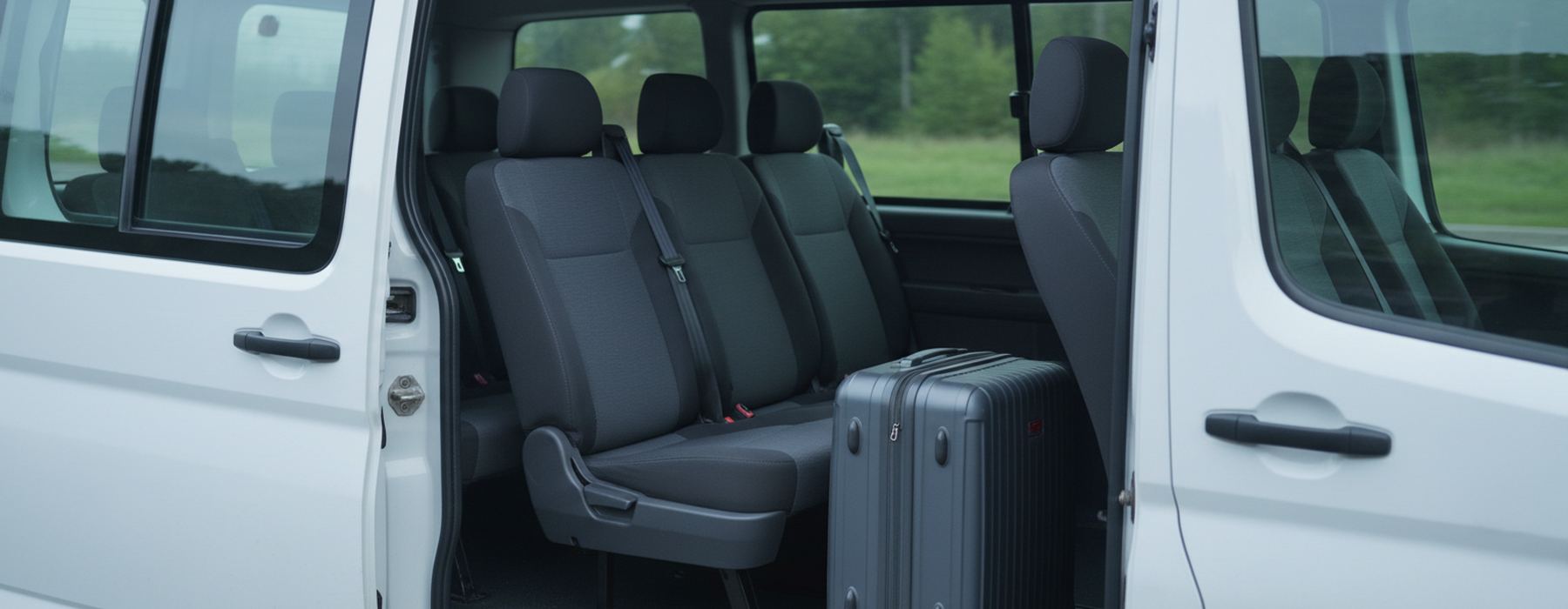 White passenger van with its sliding door open, rows of dark gray cloth seats with belts inside and a gray hard-shell suitcase standing by a seat.