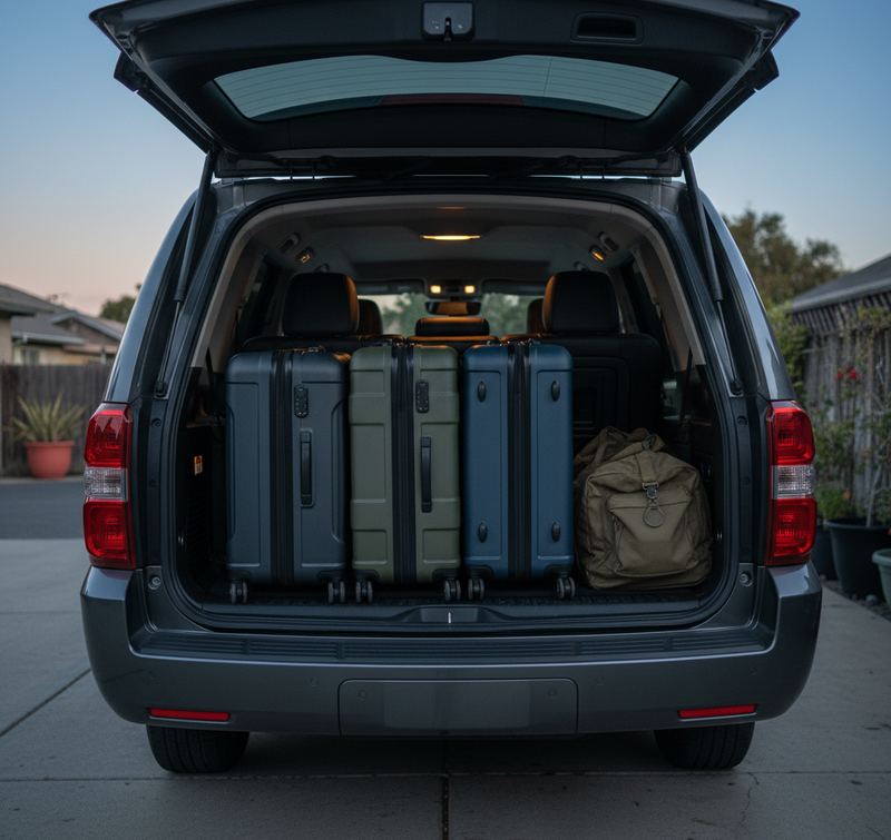 Gray SUV at dusk in a residential driveway with the tailgate raised, three hard-shell suitcases and a sand-colored duffel packed in the cargo area.