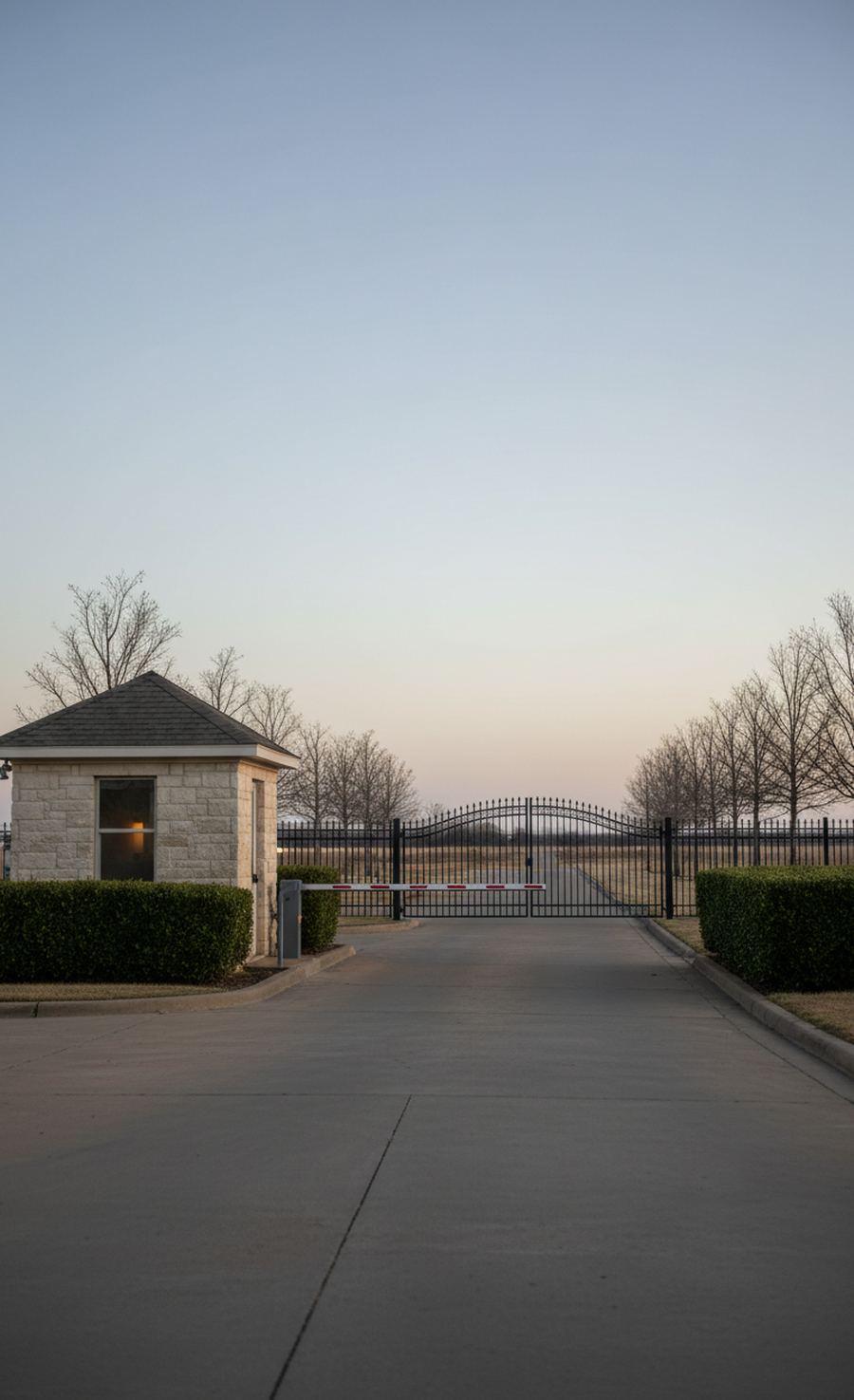 Entry to a gated neighborhood at dawn: a small limestone gatehouse with a lit window, a red and white gate arm across the lane, closed iron gates, clipped hedges and young bare trees on flat open land.