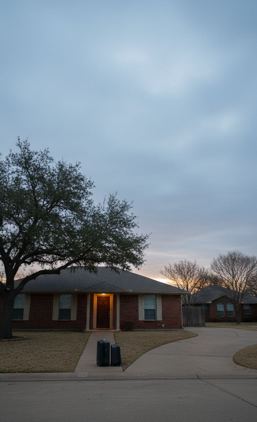 One-story red brick house before sunrise, the porch light on over the front door, a live oak on the winter lawn and two dark rolling suitcases waiting at the end of the front walk by the curb.