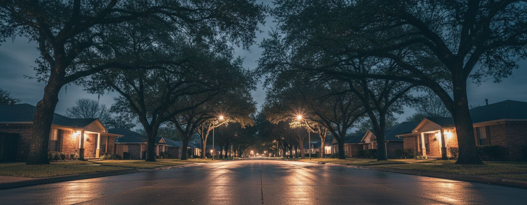 A wide residential street of one-story brick houses late at night after rain, old oaks meeting overhead and porch lights reflected in the wet pavement.
