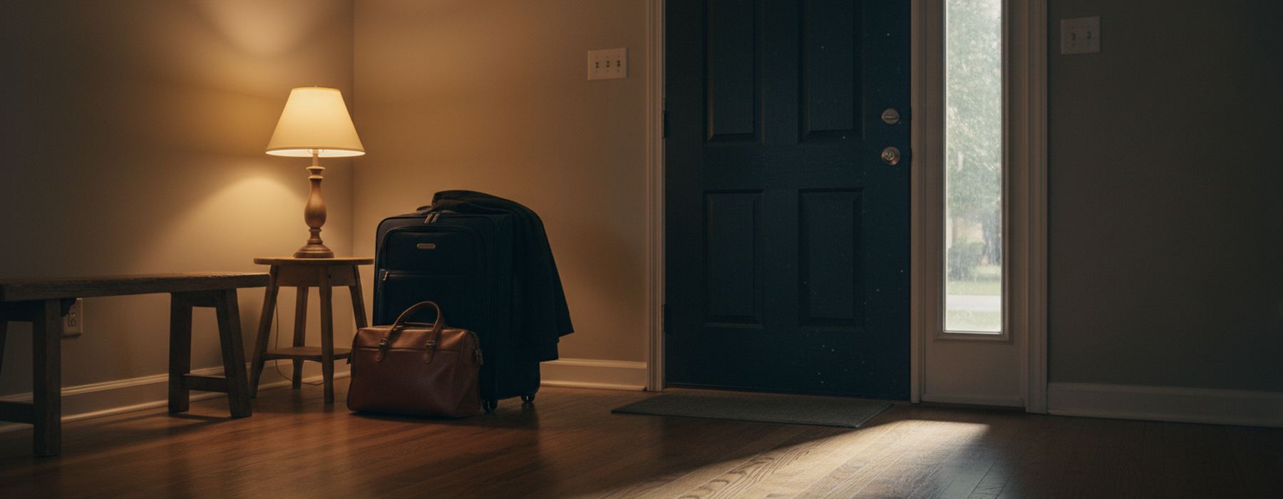Front hall at night: a lamp on a small table, a wooden bench, a dark rolling suitcase with a coat over it and a brown leather bag beside the closed front door.