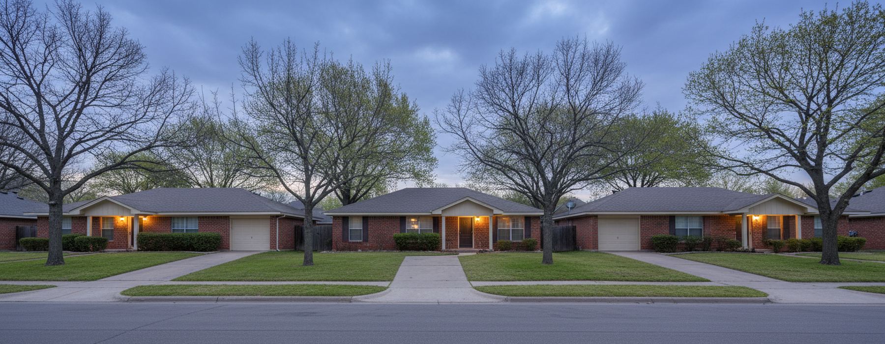 Street of one-story red brick houses at dusk, porch lights on, short concrete driveways and green lawns, trees in first spring leaf under an overcast sky.