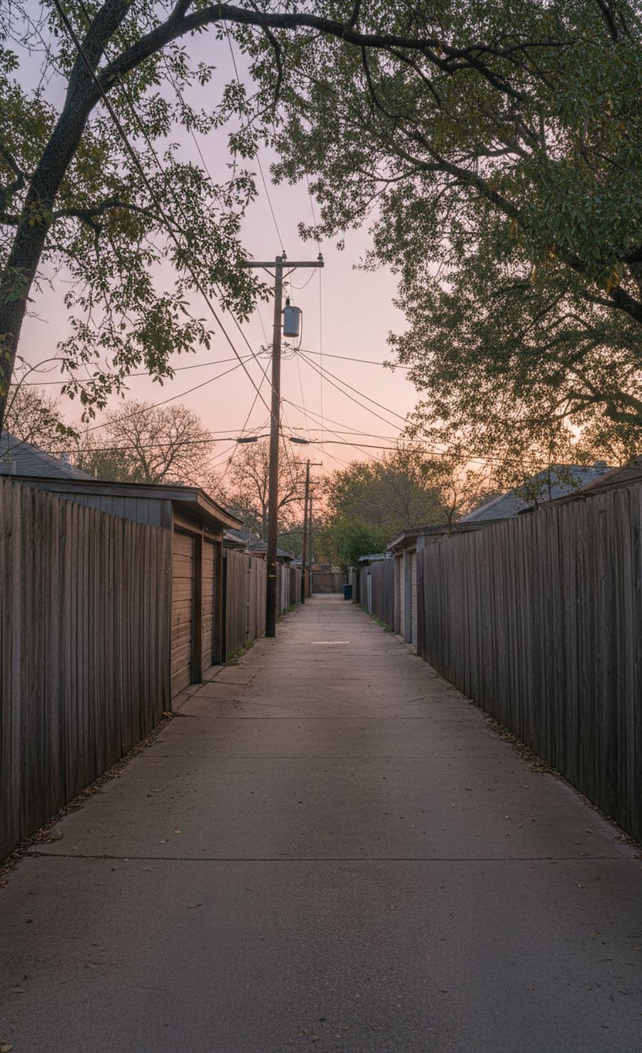 Concrete alley behind a row of houses at sunset, wooden fences on both sides, garage doors along the left and a utility pole with wires overhead.