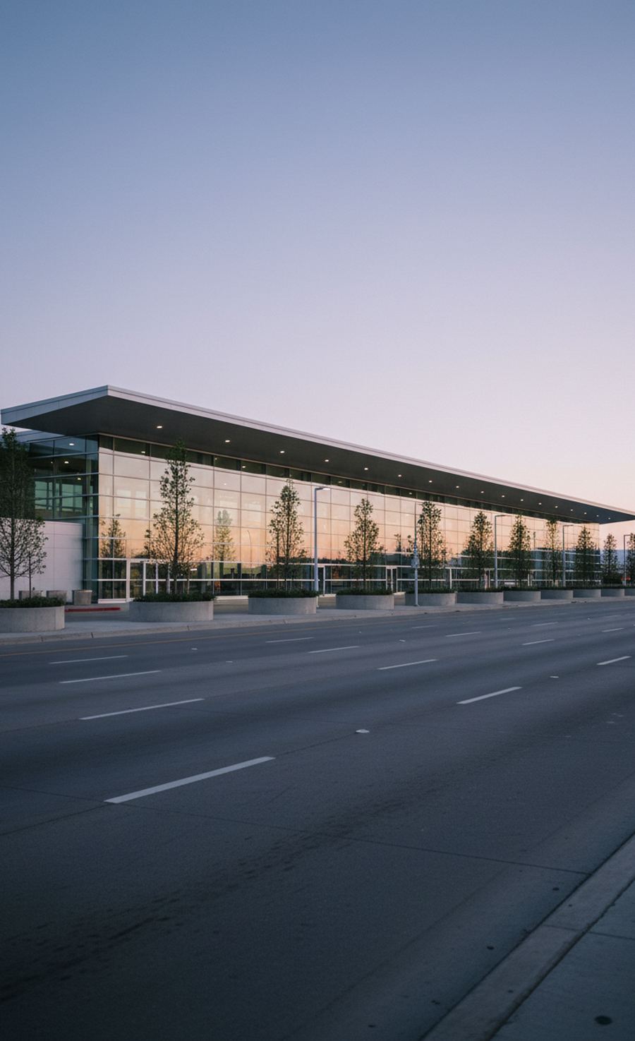 Long glass terminal building with a thin flat roof seen across an empty multi-lane road at dawn, young trees in planters along its front.