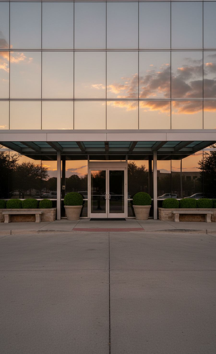 Front entrance of a mid-rise glass office building at sundown: glass double doors under a deep flat canopy, stone benches and round clipped shrubs in planters, and a wide empty drive in front.