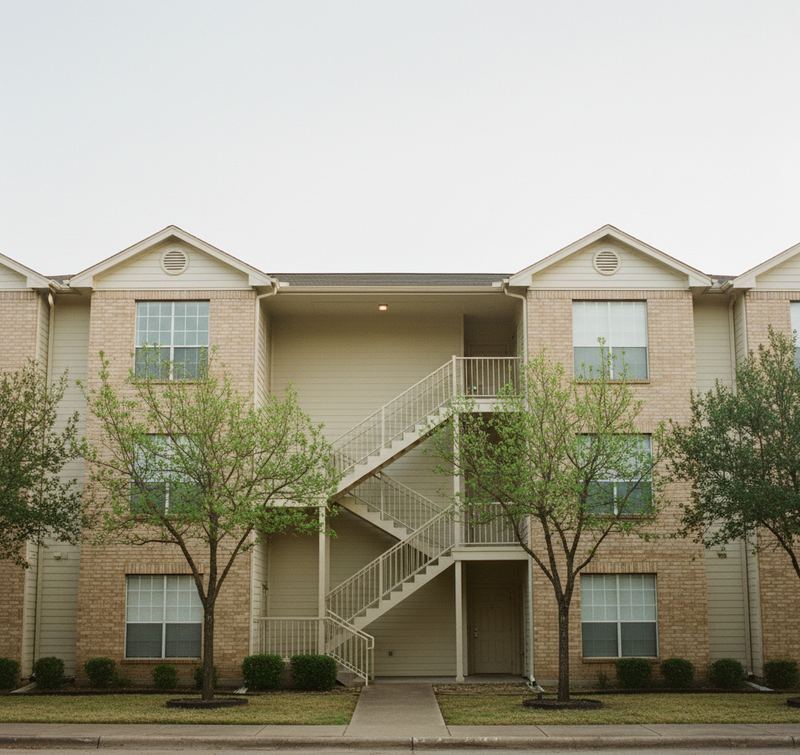 Three-story apartment building of pale brick and beige siding with an open center stairway, young trees and a paved walk in front, under a flat gray sky.