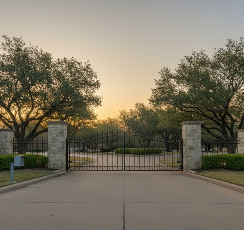 Wrought-iron gates of a gated neighborhood between two stone pillars at sunset, hedges and oaks on both sides and a call box on a short post by the entry lane.