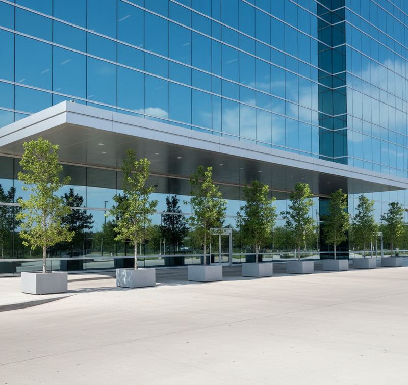 Glass office tower entrance with a long flat canopy over the drop-off lane and a row of young trees in concrete planters on light paving.