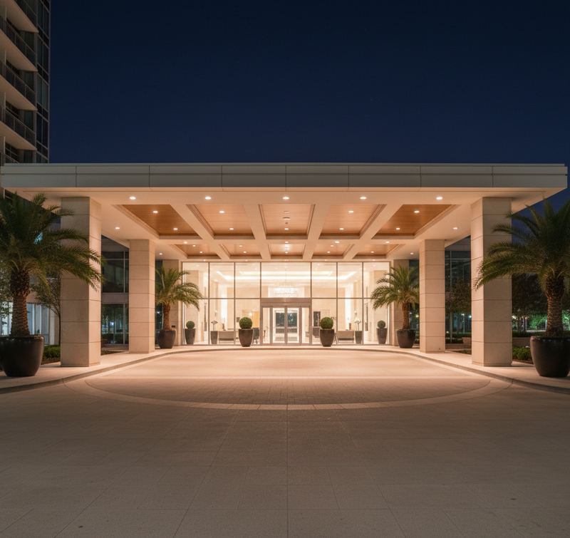 Covered drive-in entrance of a residential tower at night: stone columns, a coffered wood ceiling, a lit glass lobby and potted palms around a curved drive.