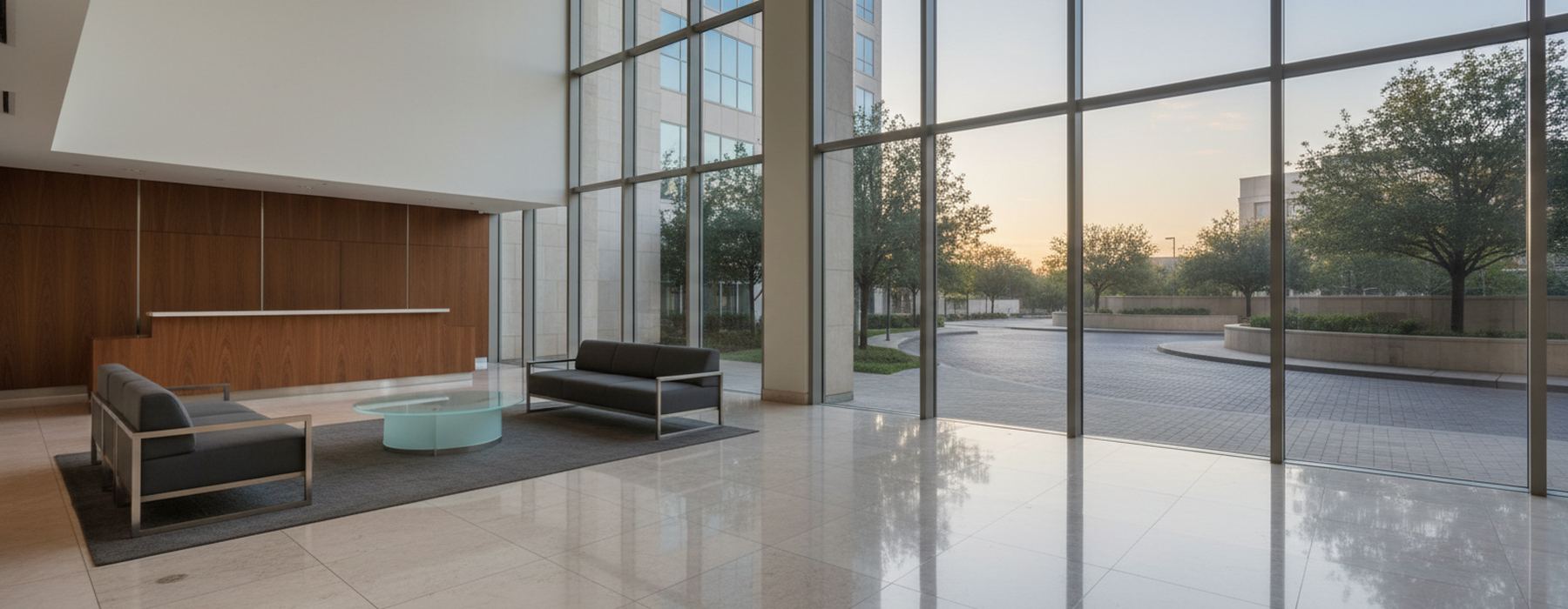 Lobby of a residential tower at dawn: a reception counter against walnut panels, two gray sofas on a rug, a marble floor and tall windows onto the drive-in court.